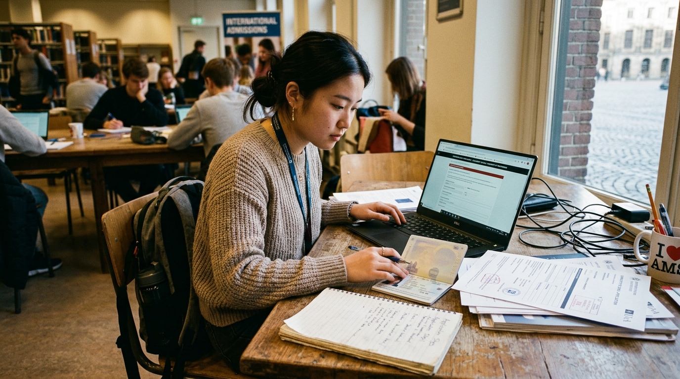 International student reviewing passport and university registration documents on laptop