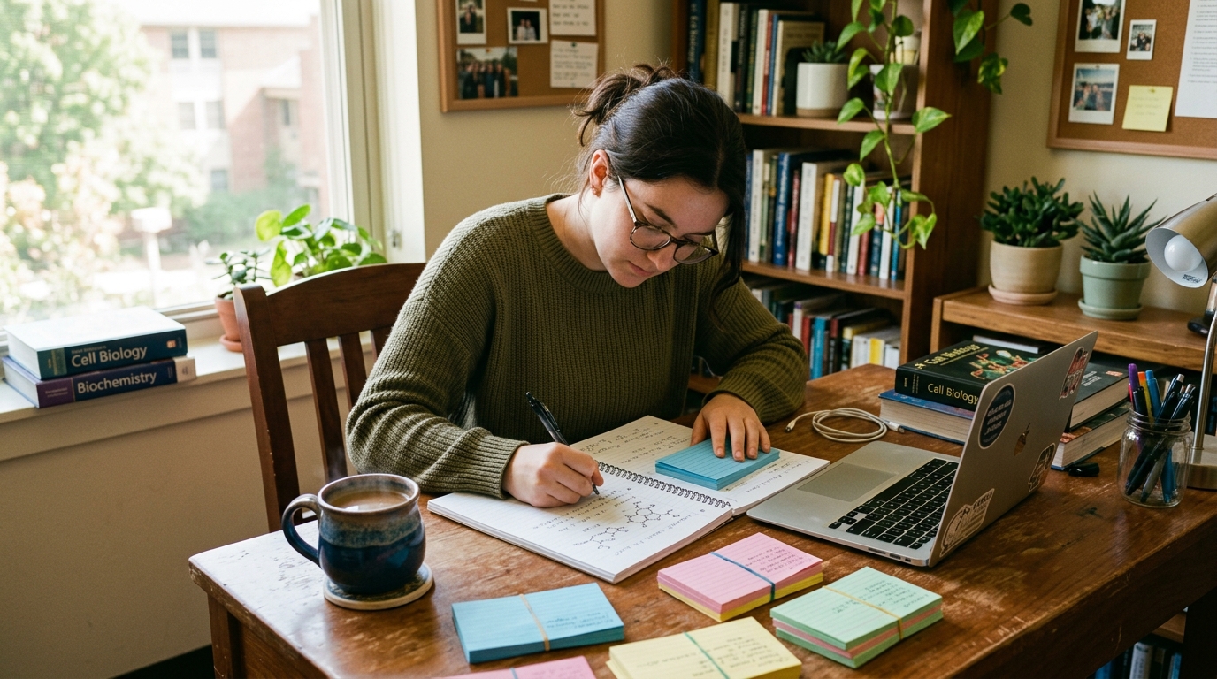 Student studying at wooden desk with flashcards, coffee, handwritten diagrams, and laptop