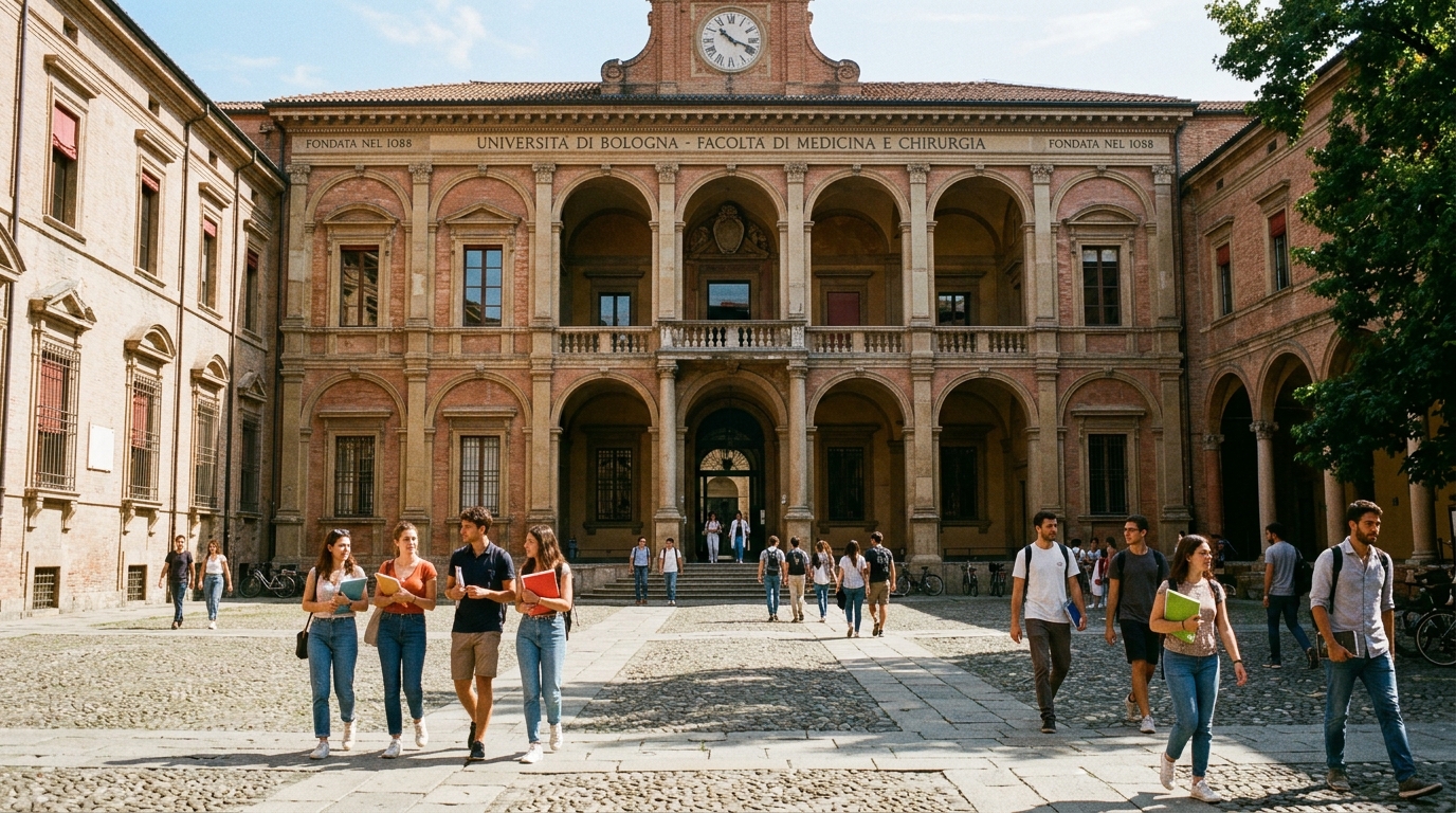 Students walking in front of Italian university medical faculty facade