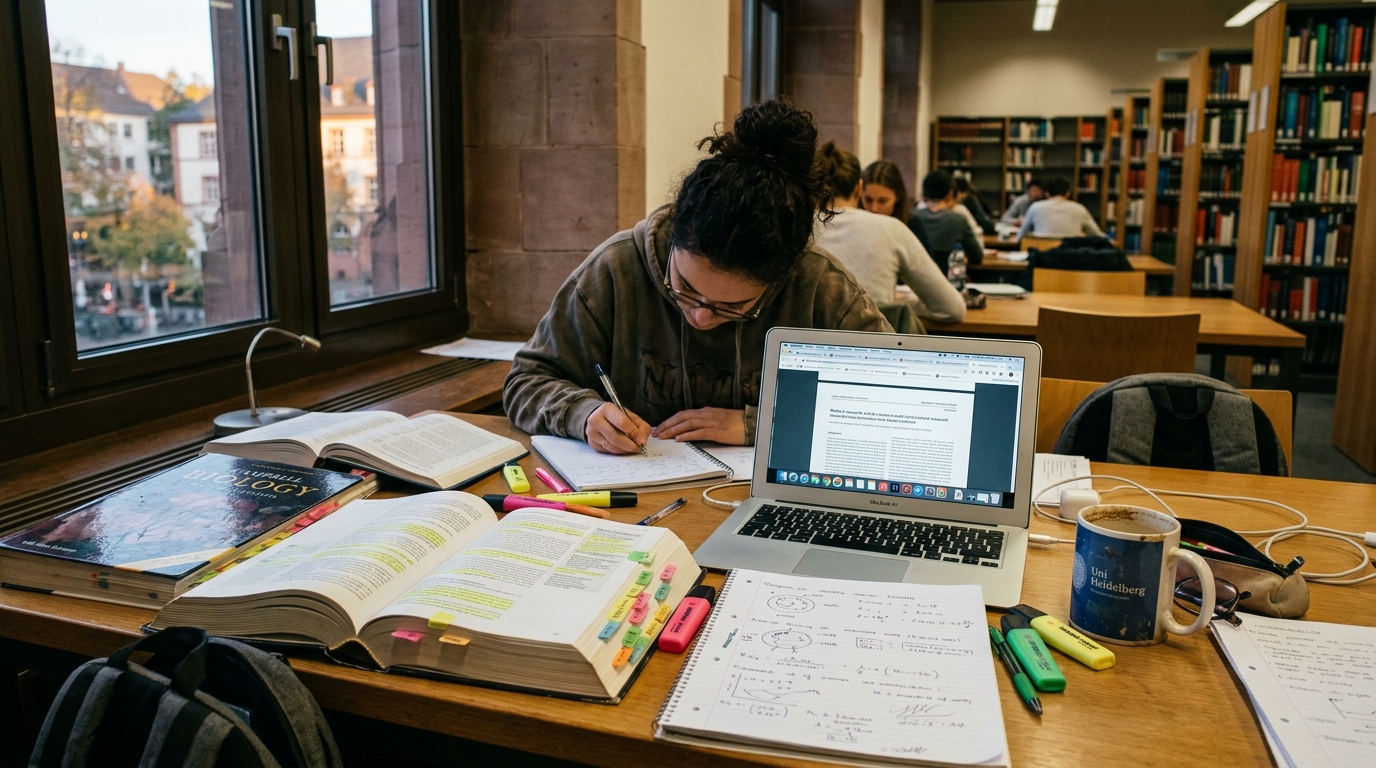 International medical student studying with biology textbooks, laptop, and caffeine at a university library desk