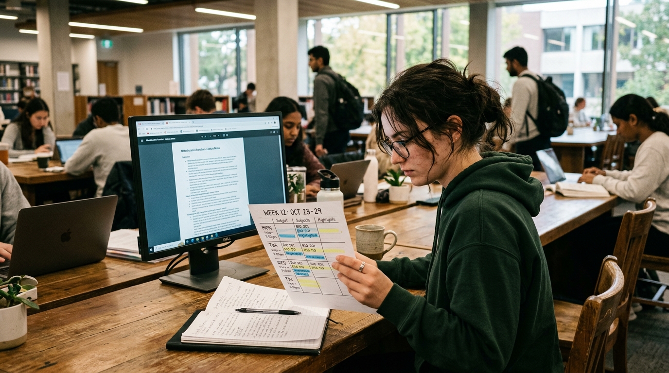 Candidate reviewing weekly study schedule and monitor in university library