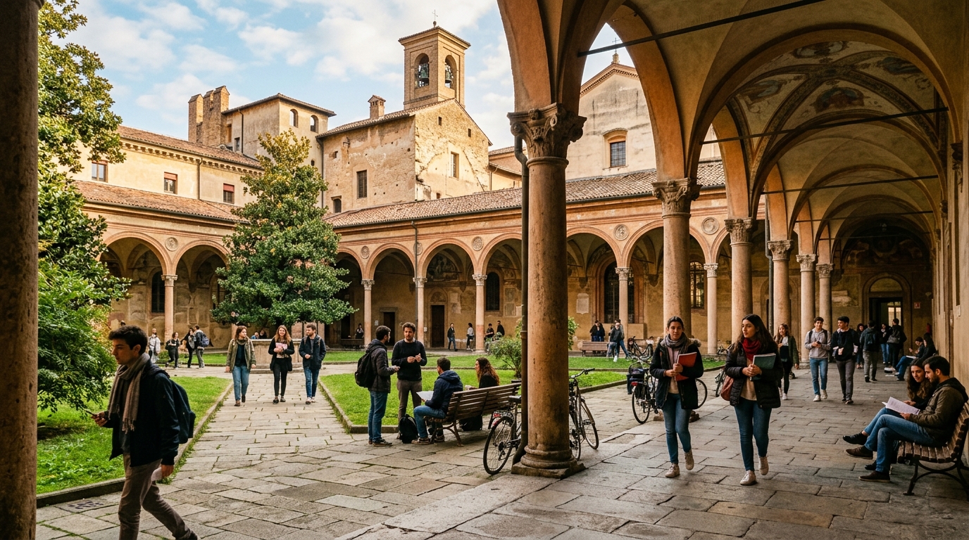 Historic Italian university campus cloister courtyard with students walking between lectures
